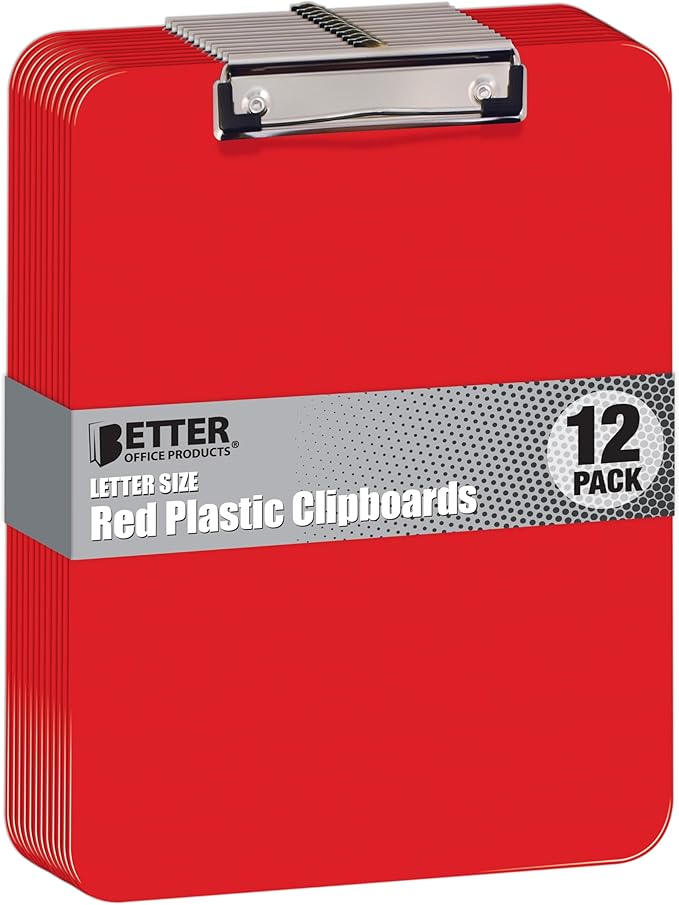 Better Office Products Red Plastic Clipboards, 12 Pack, Durable, 12.5 x 9 Inch, Low Profile Clip, Red, Set of 12