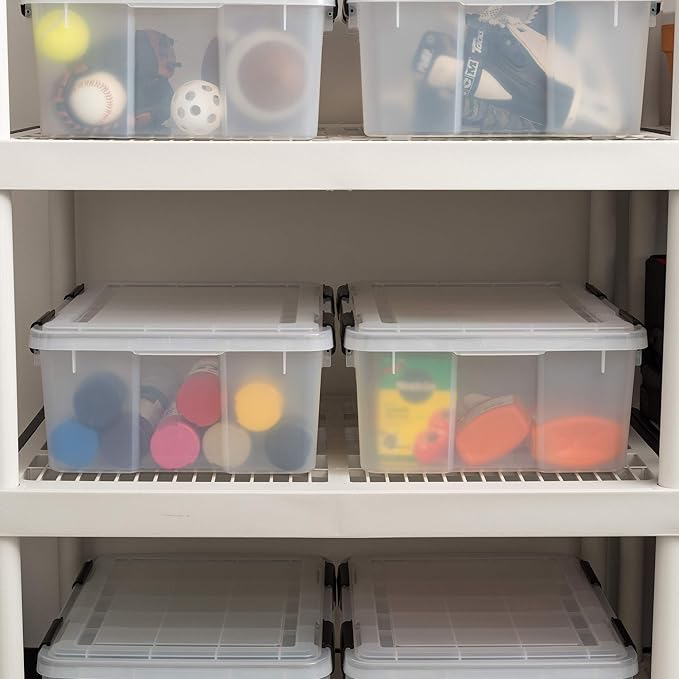 IRIS USA 30.6 Quart WEATHERPRO Plastic Storage Box with Durable Lid and Seal and Secure Latching Buckles, 6 Pack, Weathertight, Keep Pest Dust and Moisture Out, for Oversized Bulky Items, Clear/Black