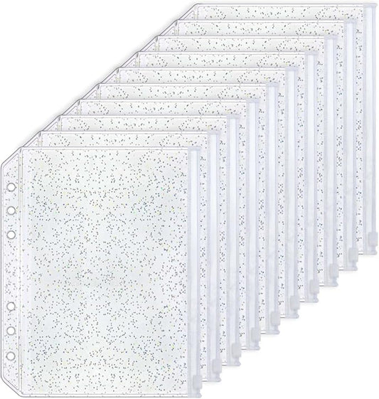 10pcs A5 Cash Stuffing Envelopes Zipper Binder Pockets Clear Glitter PVC 6 Hole Zip Sleeves Loose Leaf Pouches for 6 Ring Binder Planner (A5 5.91" x 8.19")