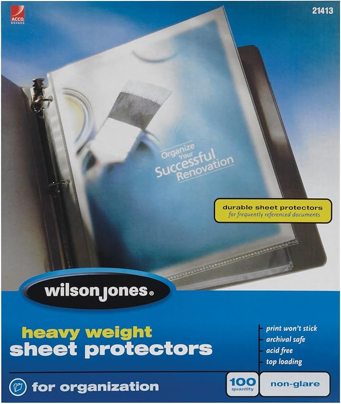 Wilson Jones Sheet Protectors, Heavy Weight, Top-Loading, Non-Glare, 100 Sheets/Box (W21413)