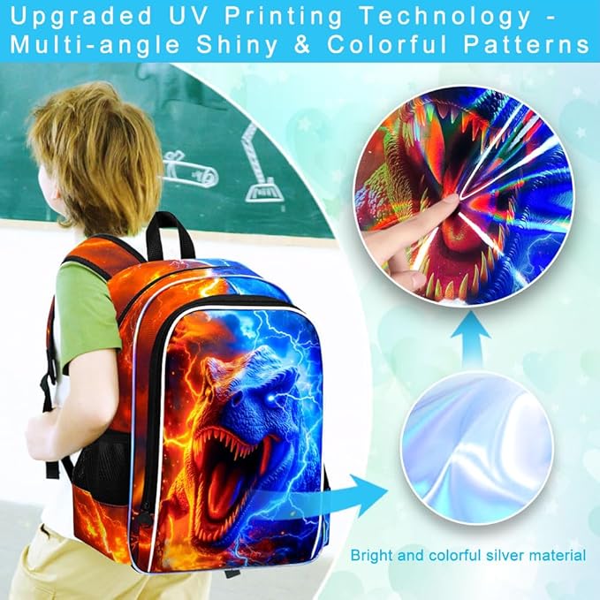 gxtvo 3PCS Dinosaur Bookbag for Boys, 17" Kids Backpack with Lunch Box, Water Resistant Middle Elementary School Bag - Fire & Lightning T. rex