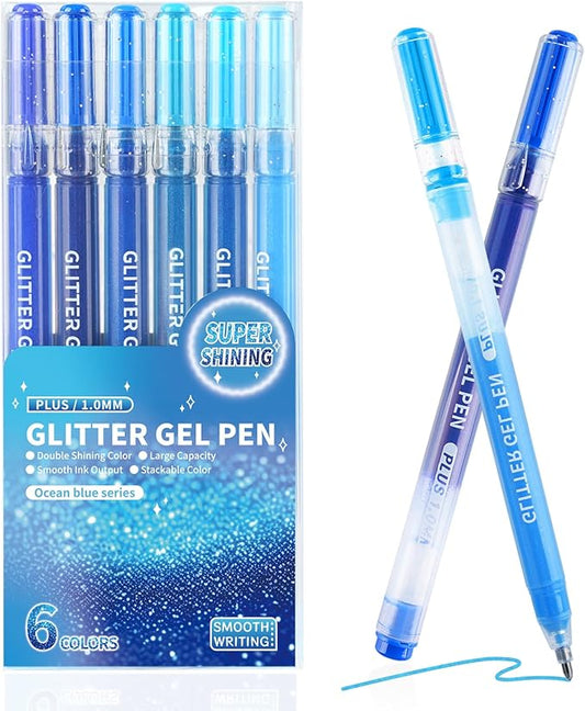 Glitter Gel Pens, 6 Colors Double Shining Colors Blue Glitter Metallic Gel Ink Pen with 1.0 mm Large Capacity Smooth Writing Color Pens for Adult Coloring Note, Drawing, Art Supplies