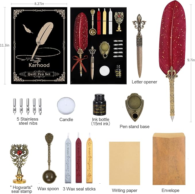 Quill Pen and Ink Set - Feather Calligraphy Dip Fountain Pen with Wax Seal Stamp Kit and 5 Nibs (Red)