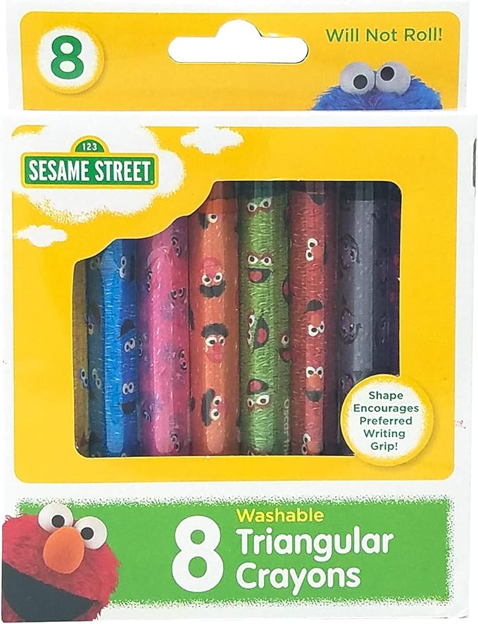 Sesame Street 8 Count Washable Triangular Crayons for Toddlers and Kids, Will Not Roll, Assorted Colors, Great for Classrooms