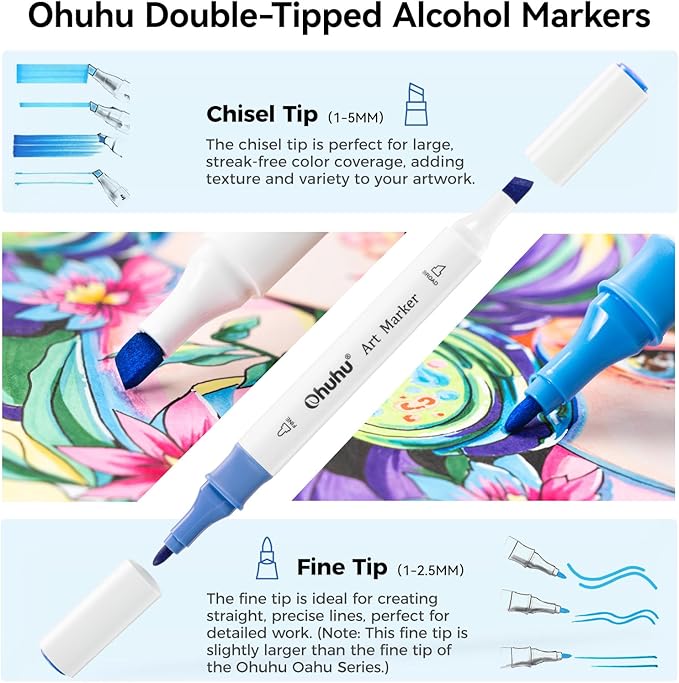 Ohuhu Alcohol Based Markers Set: 96-pack Double Tipped Art Marker - Chisel & Fine Color Sketch Markers for Artists Adult Coloring Drawing Illustration - 2 x Colorless Blender & 2 x Case