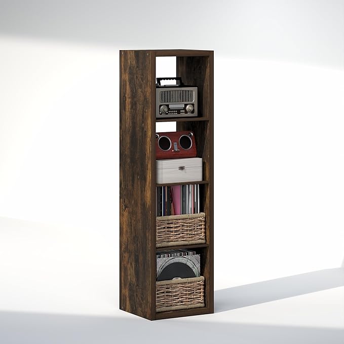 Furinno Cubicle Record Player Stand with Vinyl Storage, 4-Cube 1.2 Extra Thick Vinyl Record Storage, Open Back Media Shelf for CD DVD Blueray Game Disc, for Living Room, Home Office, Amber Pine
