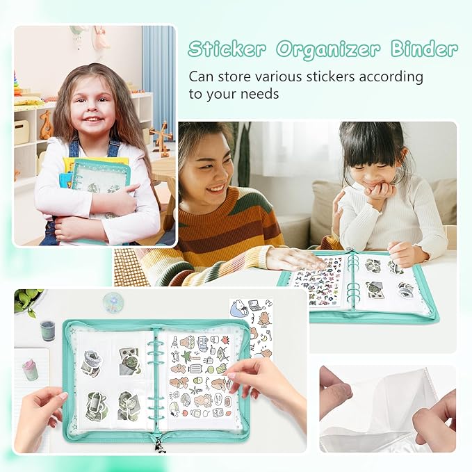 Sticker Storage Organizer Binder A5 Sticker Collecting Book Reusable Zipper Album with Clear Laser Star Cover and Pocket Pages (Cyan)