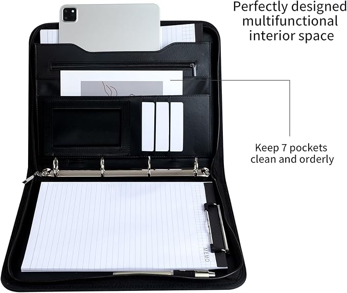3-Ring Portfolio Binder, Zippered Folder with Writing Pad, PU Leather with Pockets, Professional Organizer with Laptop Sleeve and Folder (Black)