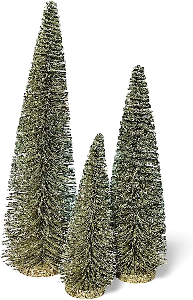 RAZ Imports Set of 3 Bottle Brush Trees – 17”, 14”, 9” Modern Christmas Holiday Winter Décor – Glittery Tabletop Mini Trees for Home Office Shelf Desk Mantel Fireplace Decoration (Champagne Green)