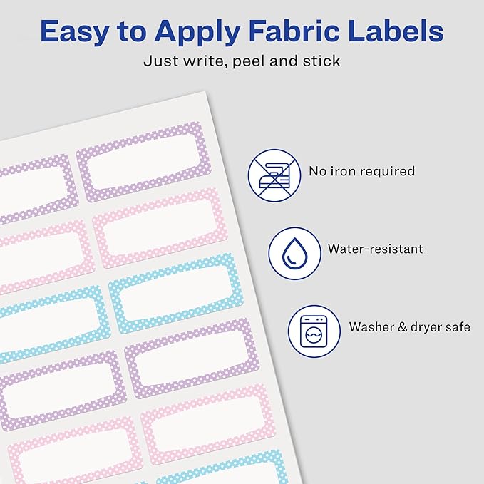 Avery No-Iron Fabric Name Labels, Soft Pastels Preprinted Designs, Handwrite-Only, 2-Pack, 48 Preprinted Labels (22282)