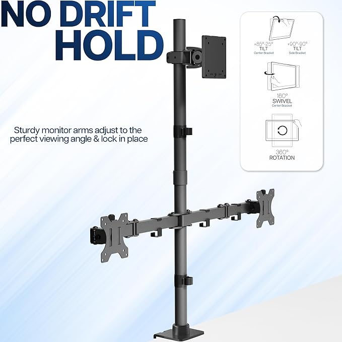 VIVO Triple Monitor Extra Tall Desk Mount for up to 49 inch Ultrawides on Center Bracket and 27 inch Screens on Side Brackets, Holds up to 44 lbs, Black, STAND-V103T