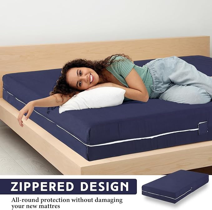 Zippered Mattress Fitted Protector Deep Mattress Encasement Soft Zipper Fitted Sheet Microfiber Bed Sheet Cover for Bed(Navy Blue,Full,12-16in)