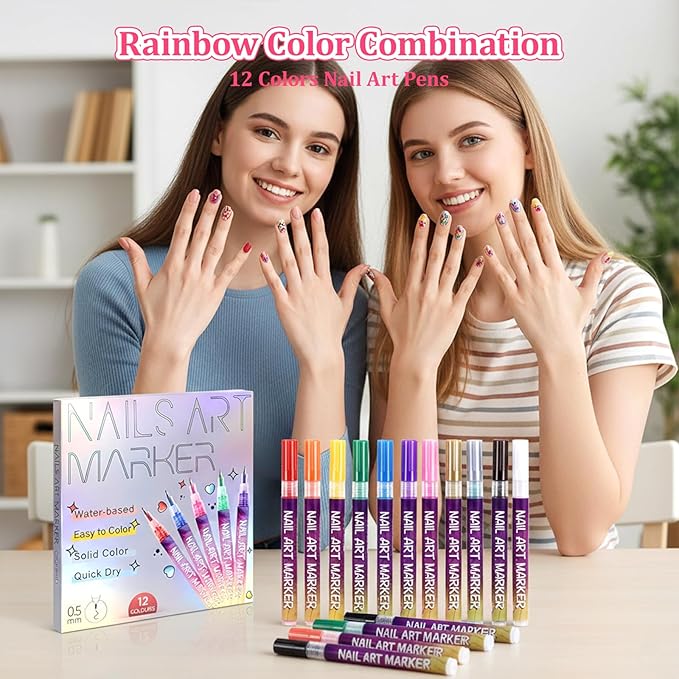 Nail Art Pens 12 Colors Set of 19pcs,3D Quick-Dry Nail Art Markers Polish Pen,Diy Nail Art Tools for Dotting Drawing Painting Point Liner,Home & Salon Manicure Tools