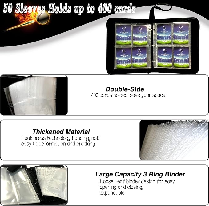Sports Card Binder, Trading Card Binder 4 Pocket with 50 Sleeves Fits 400 Sport Cards, Sports Card Holder Binder with Zipper, Football Baseball Basketball Hockey Card Collection Storage Album