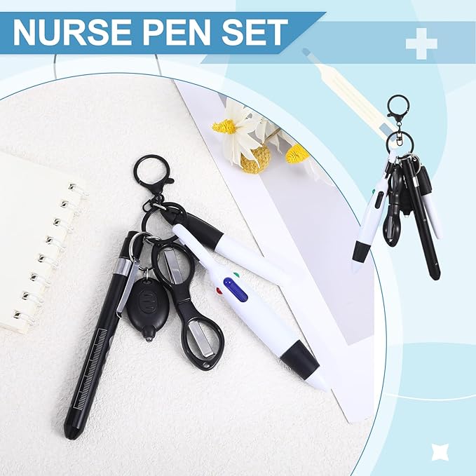 6 Pcs Nurse Pens for Badge Set,Nurse Badge Accessories with Reel Pen,Nursing Accessories Healthcare with Pens,Highlighter and Permanent Marker Pen and Led Keychain Foldable Scissors(Black)