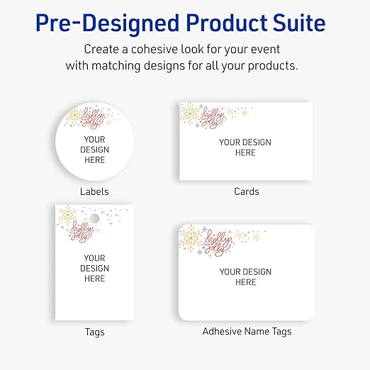 Avery Printable Christmas Adhesive Name Badges, Rectangle, 2-1/3" x 3-3/8", Pre-Printed Holly Jolly Metallic Sparkles Design, Matte White, Laser & Inkjet Compatible, 80 Total