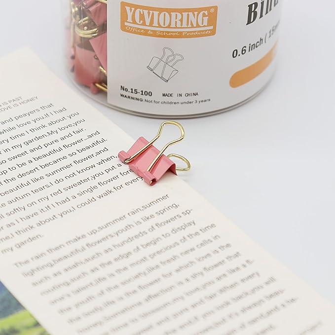 Pink Binder Clips, Gold Handles Mini Paper Clip, Small Paper Clamps 15mm (5/8 inch), 100 Pack Micro Size Office Clips for Home School and Business