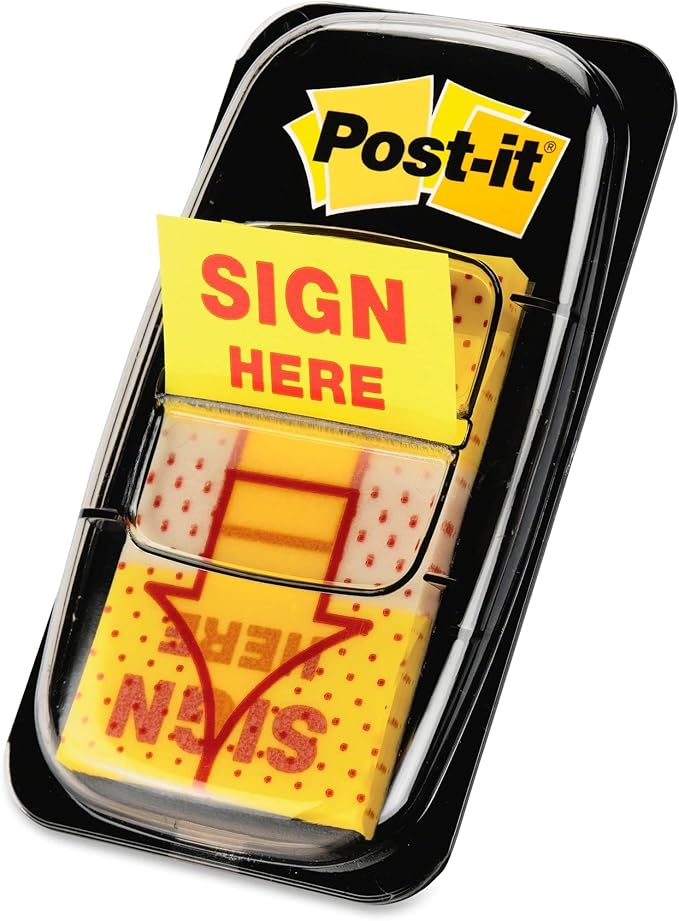 Post-it Message Sign Here Flags Value Pack, 50/Dispenser, 12 Dispensers/Pack, 1 in Wide, Yellow (680-SH12)
