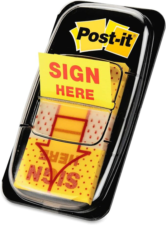 Post-it Message Sign Here Flags Value Pack, 50/Dispenser, 12 Dispensers/Pack, 1 in Wide, Yellow (680-SH12)