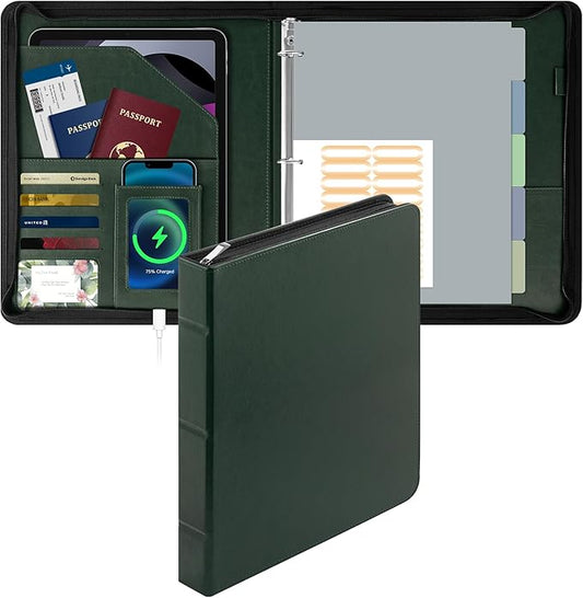 EYROZILL Zippered Leather 3 Ring Binder Organizer with Pockets – Business Portfolio Folder with Card Slots, Phone Holder, Pen Loop (Dark Green)