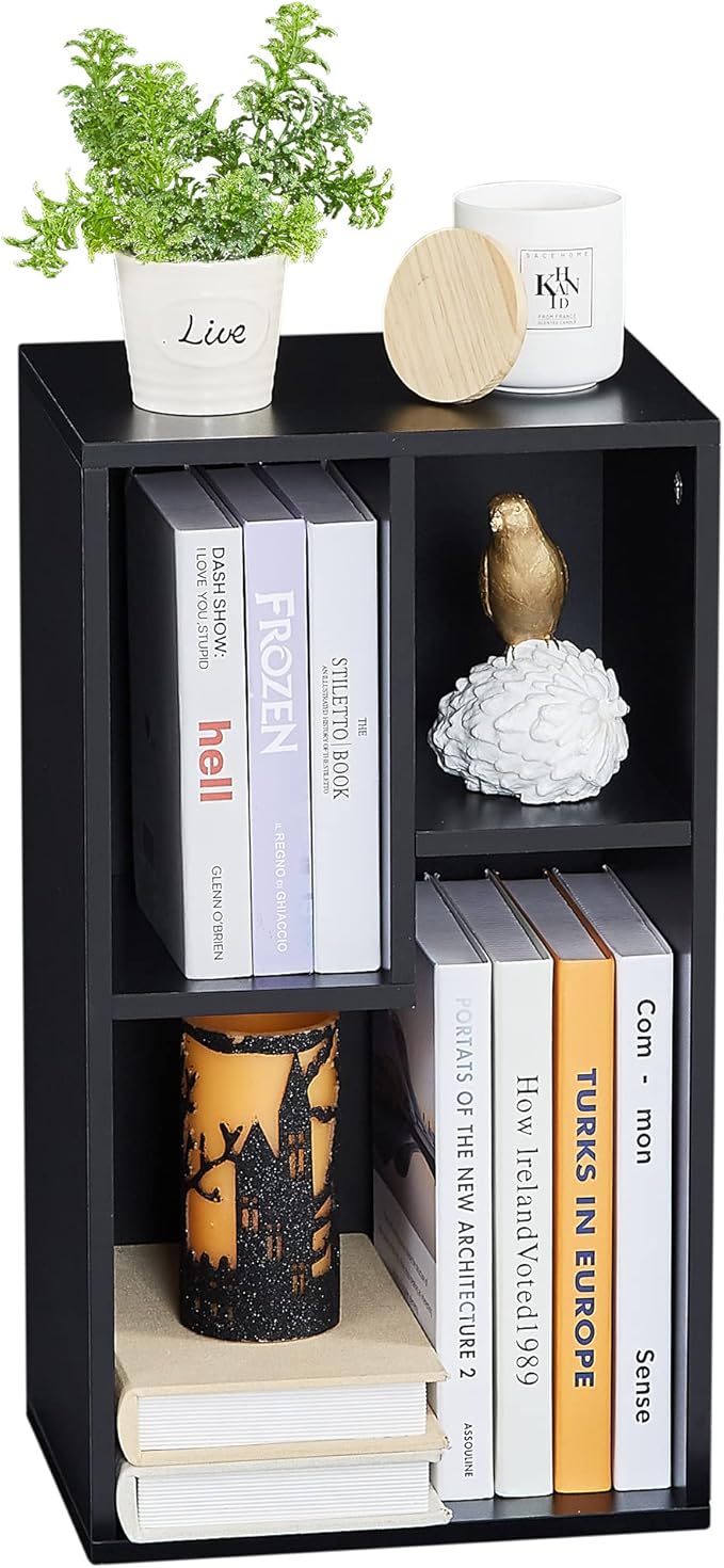 VECELO Small Bookshelf, 3 Cube Shelf, Fits Tallest Hardcovers, Horizontal Available, Modern Storage Organzier for Small Spaces, Black