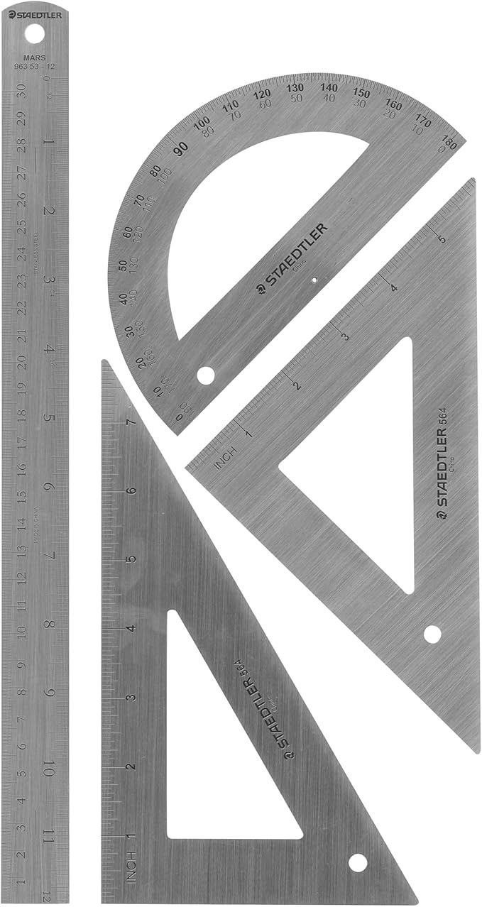 STAEDTLER Stainless Steel Math Set - With 12in Ruler, 2 Triangle Set Squares (45/90° & 30/60°), 6in Protractor - Precision Drawing & Drafting