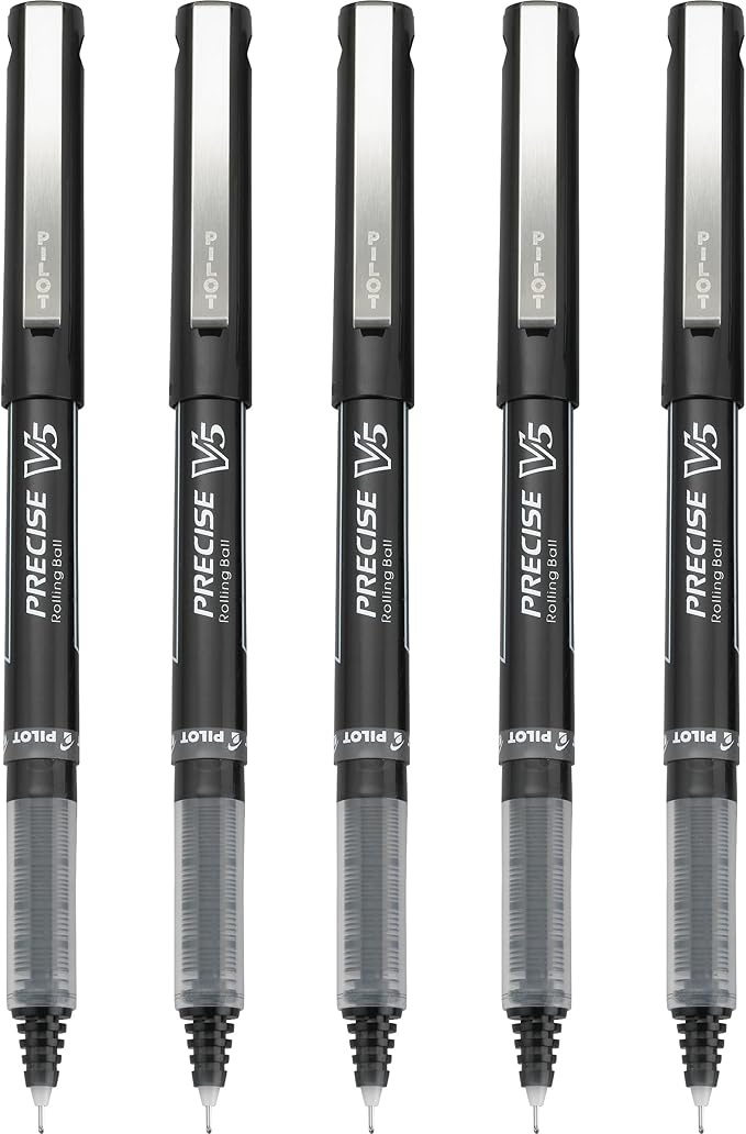Pilot Precise V5 Rollerball Pens, Extra Fine Point 0.5 mm Black Pens, Black, Pack of 5 - Ideal for School, Journaling & Office Writing