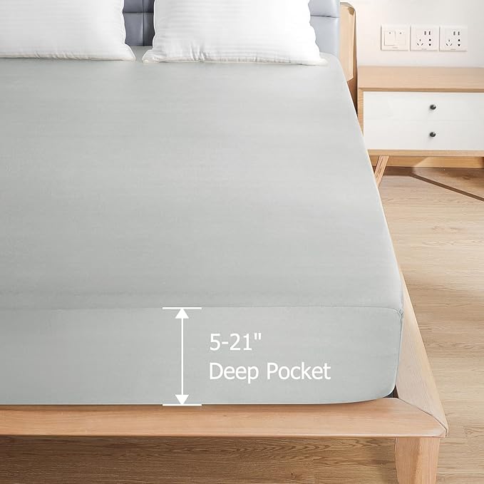 King Premium 2 Pack Waterproof Mattress Protector, Soft Breathable Mattress Pad, Noiseless Bed Cover - Stretch to 21" Fitted Deep Pocket Mattress Protection Cover - Light Grey