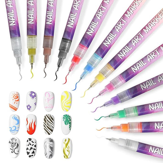 12 Color Nail Art Pens Set - Graffiti Dotting Pen + Painting Liner Brush, All-in-One Nail Polish Art Kit for DIY Manicure & Beauty Adorn Drawing Tools