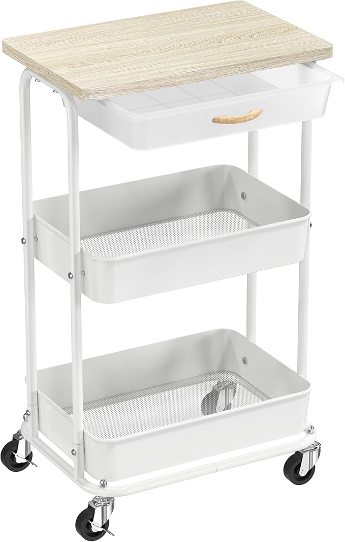 Simple Houseware 3-Tier Rolling Utility Cart with Drawer & Wood Tabletop - Mobile Sofa Side Table, Nightstand, Slim Storage Organizer Trolley for Bedroom, Bathroom, Office & Art Supplies, Maple