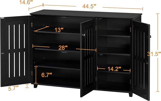 Yaheetech Shoe Storage Cabinet Floor Storage Organizer Wooden Cabinet with 3 Doors Adjustable Shelf for Entryway Living Room Home Office Black