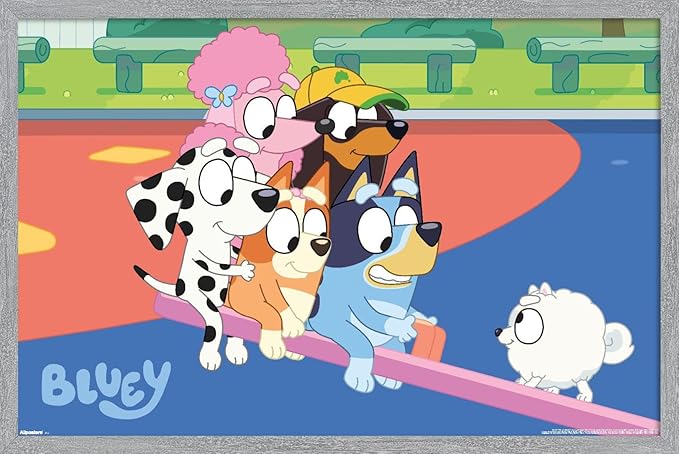 Bluey (2018) - Bluey and Friends See Saw Fun Wall Poster, 34L" x 22.4W", Gray Framed Version