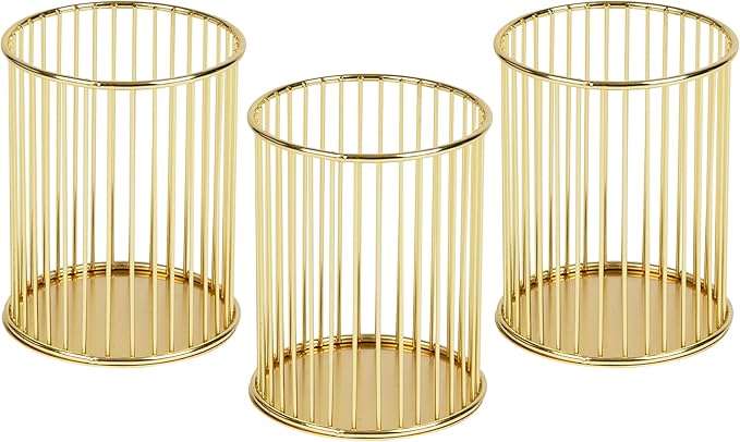 Mind Reader Pen and Accessories Holder, Desktop Organizer, Office, Metal , 3"L x 3"W x 4"H, Set of 3, Gold