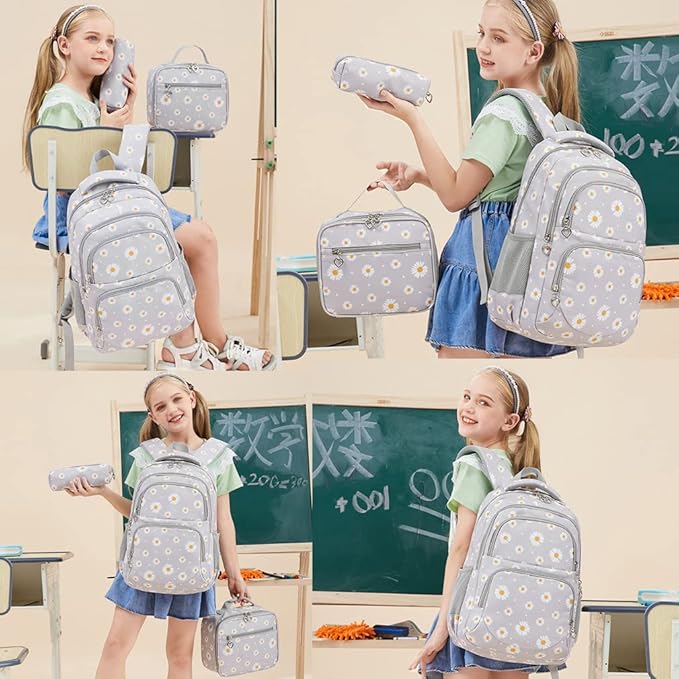 YJMKOI 3Pcs Daisy Prints Backpack for Girls Middle-School Elementary Students Bookbag Set with Lunch Box (Grey)