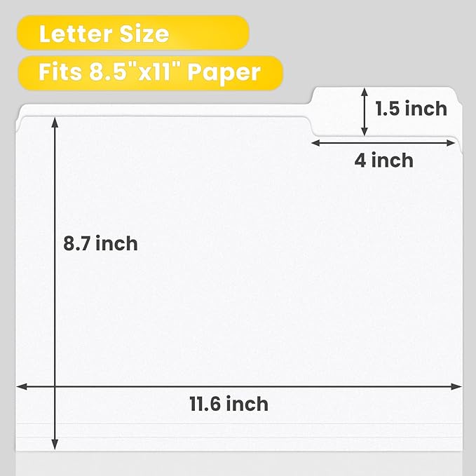 SUNEE File Folders, 18 Pack Manilla Folders 8.5 x 11, 1/3 Cut Tab for Easy Labeling and Organization, Durable Standard Paper for Home, Office, School Filing, White
