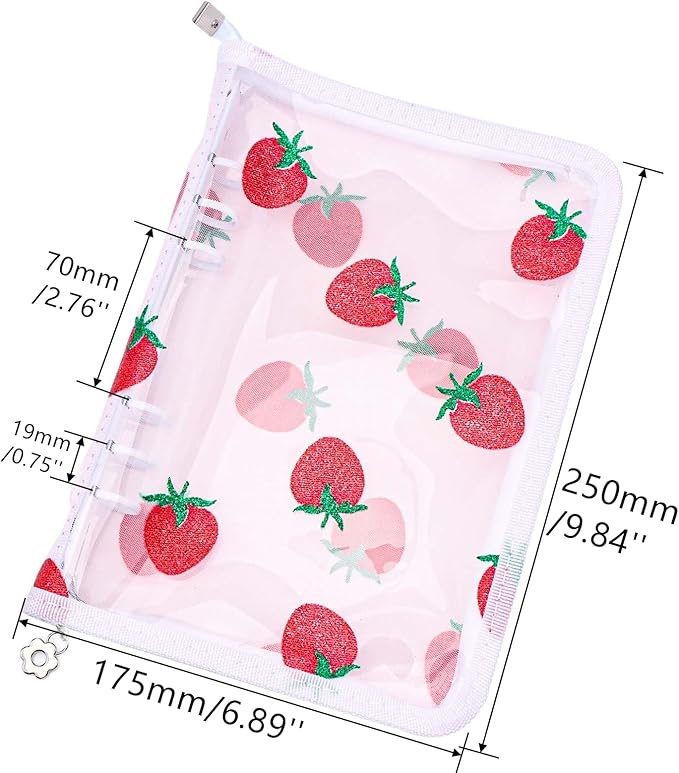 AxeWoodz White A5 Zipper Binder Clear Refillable Notebook Shell Cute Strawberry Lace Cover 6 Ring PVC Binder Cover for Photocard Planner Journal Photo Album