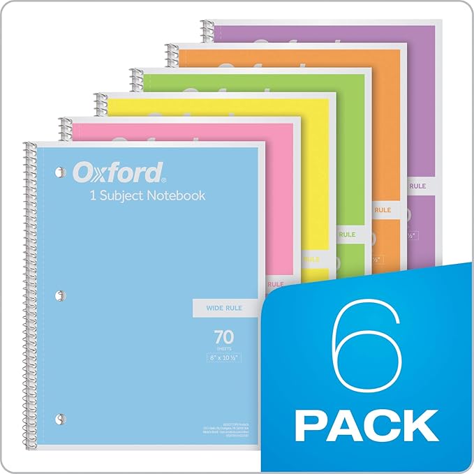 Oxford Spiral Notebooks, 6 Count, 1 Subject, Wide Ruled Notebooks for School, 8 x 10.5 Inches, 70 Sheets, Assorted Pastel Colors, Back to School Supplies (63757) (Pack of 8)