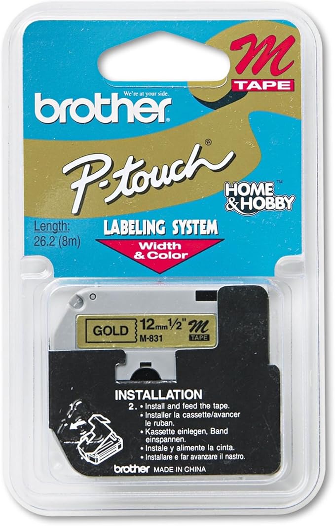 Brother Tape Cartridge 0.5IN Wide, Non-laminated Black on Gold (M831)