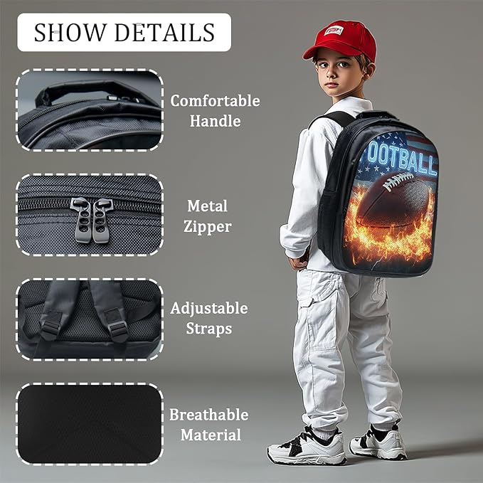 Football Backpack Set 3 Piece School Bags and Lunch Box with Pencil Case American Flag Football Bookbag Set for Toddler Kids Girls Boys Teens Kindergarten Elementary Middle