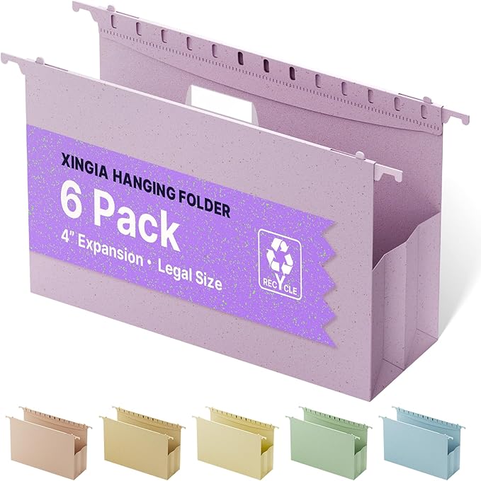 XINGIA 6 Pack Hanging File Folders Legal Size Extra Capacity, 4'' Expandable Hang Folders for Filing Cabinet,Heavy Duty Wheat Straw Large File Folders for Bulky Files,Wide Filing Folders Hanging
