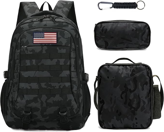 Camo Backpack for Boys 3 in 1 Set, 19 Inch 55L Tactical Bookbag with Lunch Box Pencil Case, Molle School Backpack for Kids Teens, Daily School Commute Outdoor Camping for Elementary Middle High School