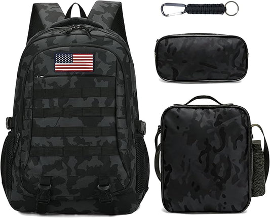 Camo Backpack for Boys 3 in 1 Set, 19 Inch 55L Tactical Bookbag with Lunch Box Pencil Case, Molle School Backpack for Kids Teens, Daily School Commute Outdoor Camping for Elementary Middle High School