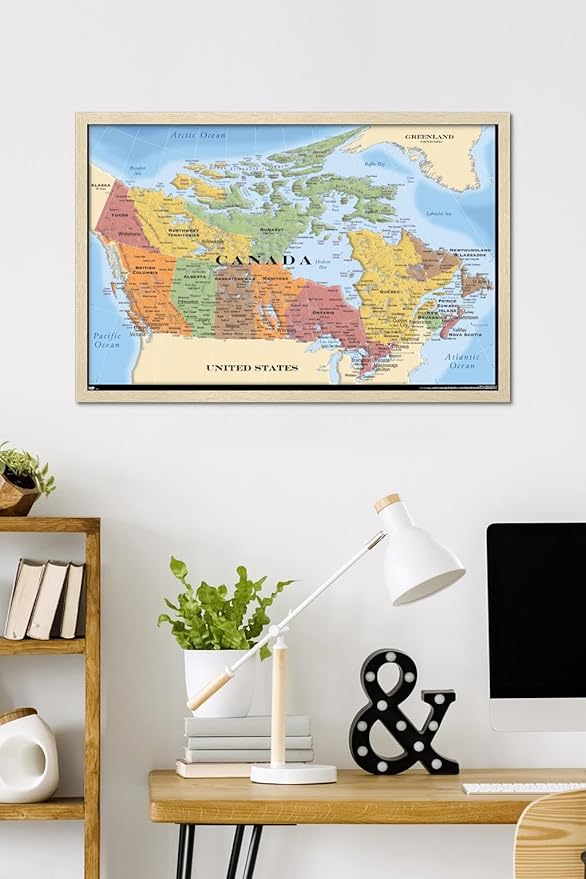 Map - Canada Wall Poster, 34L" x 22.4W", Blonde Framed Version