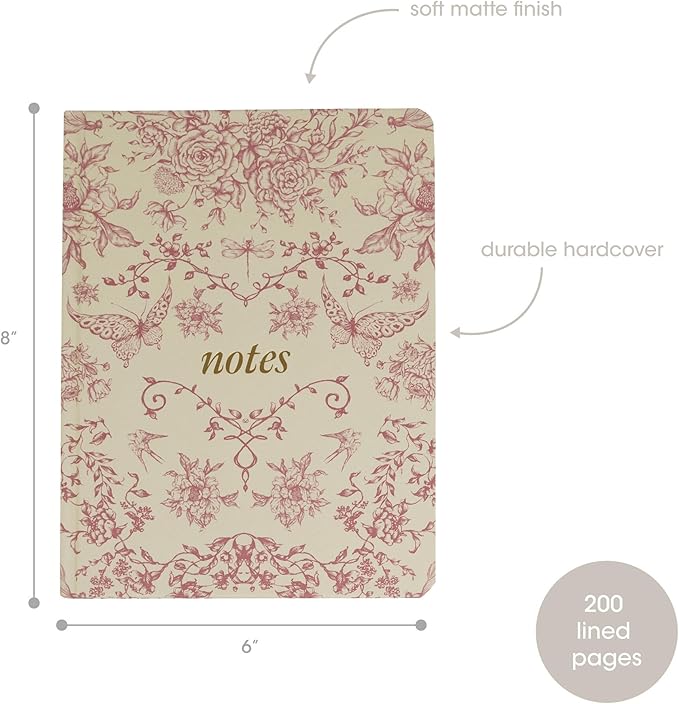 Pearhead Hardcover Journal Notebook 6x8 – Red Toile Botanical Dragonfly Print College-Ruled Writing Journal with 200 Lined Pages for Notes, Work & Journaling