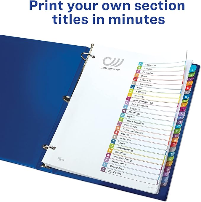 Avery A-Z Dividers for 3 Ring Binders, 26 Tabs per Set, Customizable Table of Contents, Multicolor Arched Tabs, Great for Organizing Reports, Projects, and More (12 Sets of 11844)