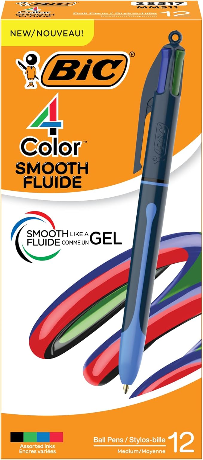 BIC 4-Color Smooth Retractable Ballpoint Pen with Gel-Like Ink, 1.0 mm Point, 12-Count in Assorted Ink Colors