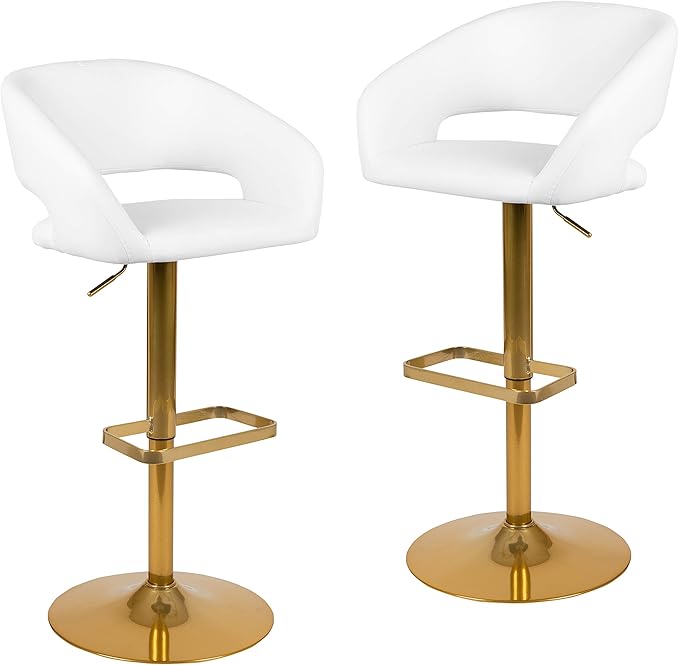 Flash Furniture Erik Comfortable & Stylish Contemporary Barstool with Rounded Mid-Back and Foot Rest, Adjustable Height - White Vinyl with Gold Base, Set of 2