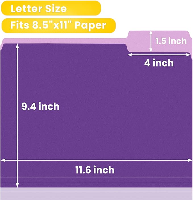 SUNEE File Folders, 18 Pack Manilla Folders 8.5 x 11, 1/3 Cut Tab for Easy Labeling and Organization, Durable Standard Paper for Home, Office, School Filing, Purple