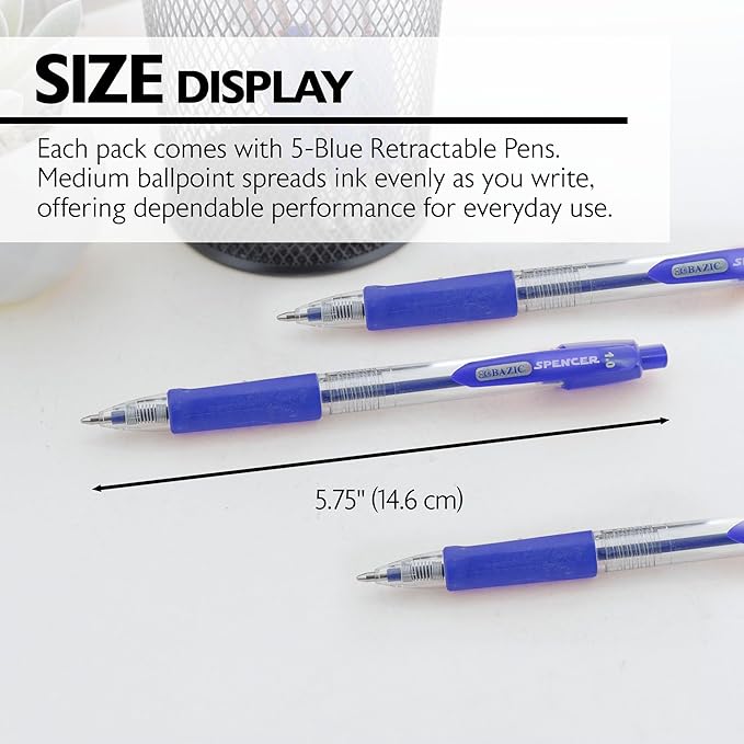 BAZIC PRODUCTS Gel Pens, Spencer Retractable Gel Pen, 1.0 mm Bold Tip for Smooth Writing for Office, School, or Teacher Use, Premium Writing Pens (5/Pack), 144-Packs
