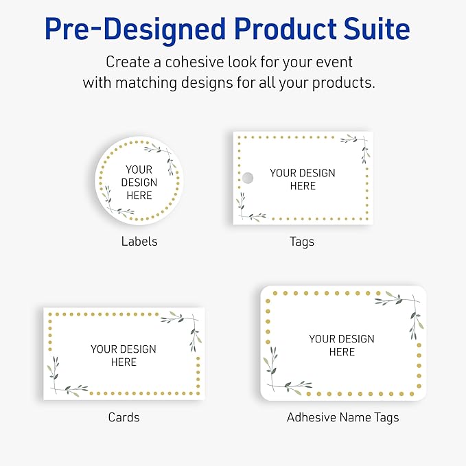 Avery Printable Rectangle Adhesive Name Tags, Green Florals Gold Dots Design, 2-1/3" x 3-3/8", Matte White Removable Name Tags, Laser/Inkjet, 80 Total, Great for Name Badges